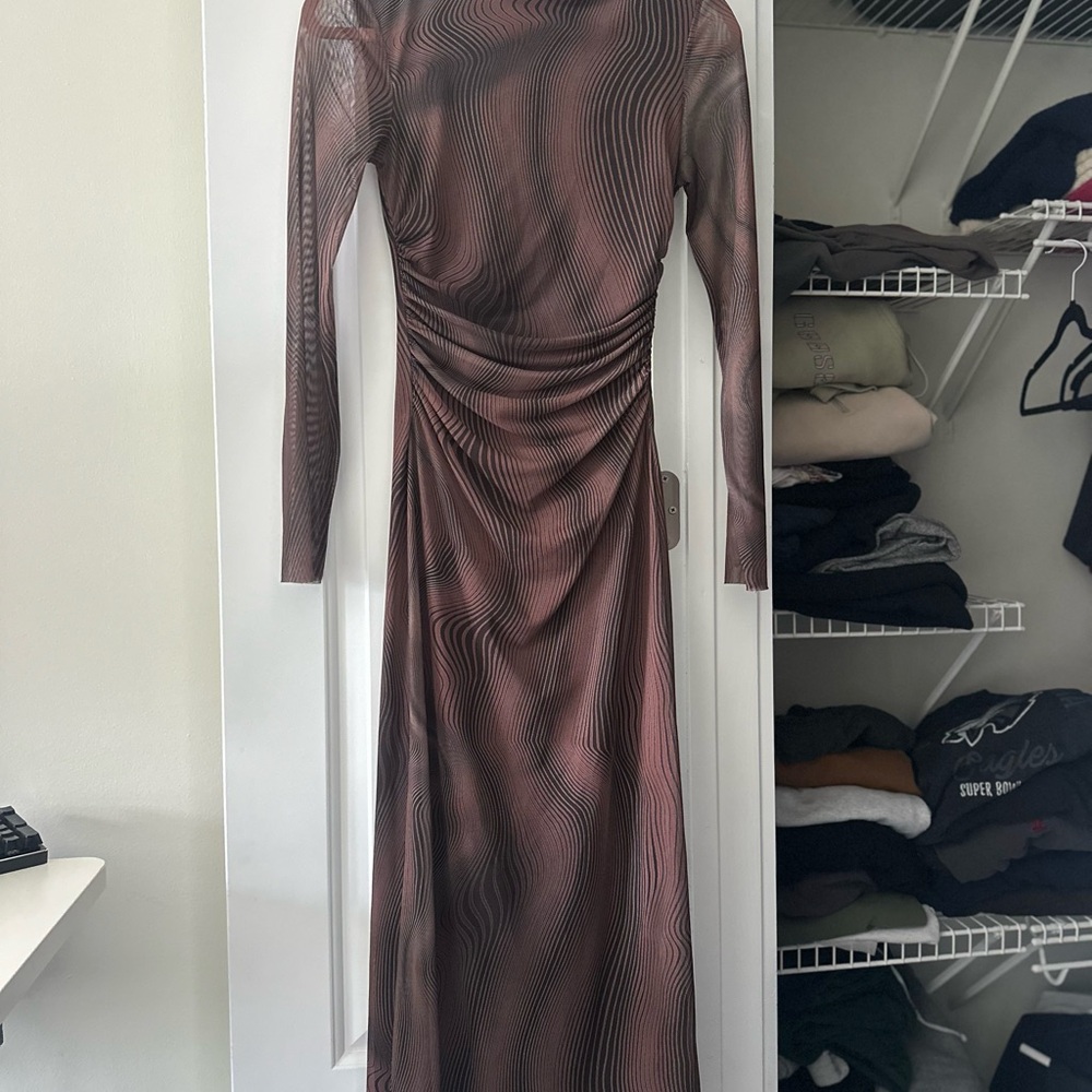 Zara Brown Patterned Long Sleeve long Dress